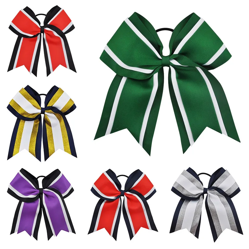 Top Trends: 8 Inch Three Layers Grosgrain Ribbon Hair Tie Cheerleading Bows Elastic Hair Band Striped Patchwork Girls Bows Hair Accessories Shoppable Styles