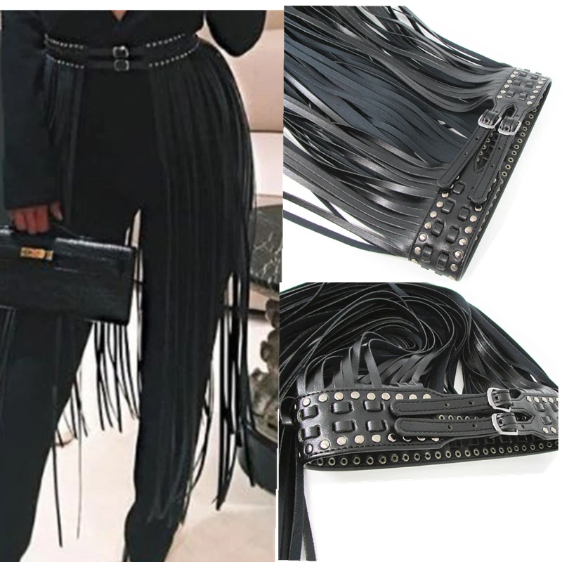 Top Trends: Europe Fashion Punk Rivet Wearing Rope Long Tassel Girdle Female Black Leather Belt Wild For Women High Waist Belt Straps Shoppable Styles