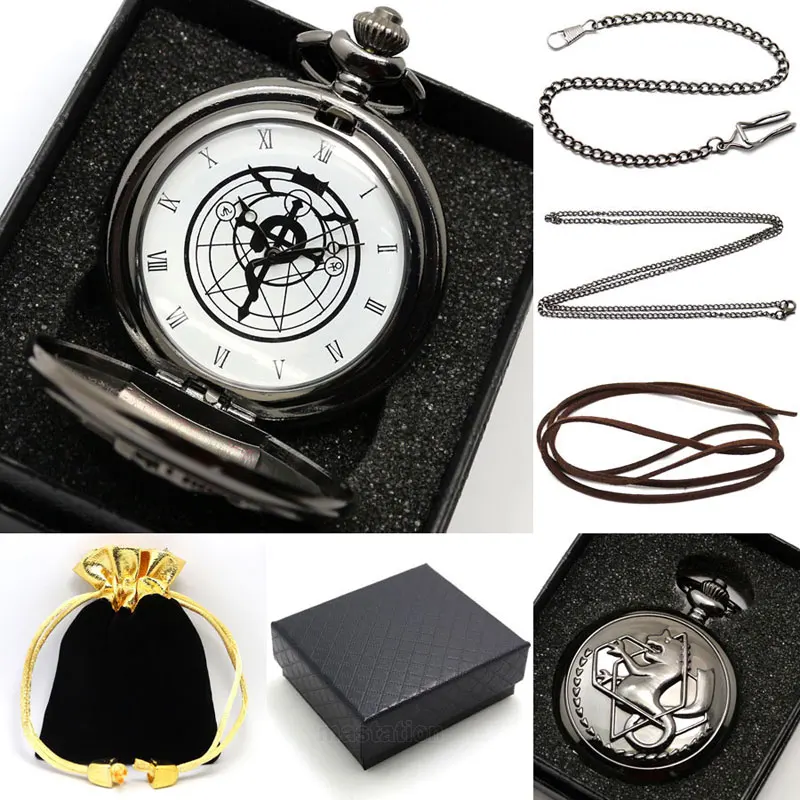 Top Trends: Black Silver Fullmetal Alchemist Quartz Pocket Watch Necklace Leather Chain Box Bag Jewelry Sets Gifts For Men Relogio De Bolso Shoppable Styles