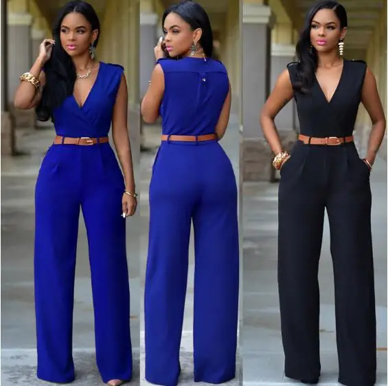 Top Trends: Women Jumpsuit Long Pants Rompers Sleeveless V-neck 2019 Summer Wide Leg Pants Jumpsuirt With Belt Sexy Club Party Overalls Shoppable Styles