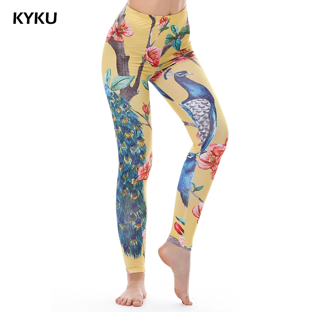 Top Trends: KYKU Slim Legging Peacock Leggings Women Fitness Clothing 3d Print Leggings Peacock Sexy Yellow Red Flower Leggin High Quality Shoppable Styles