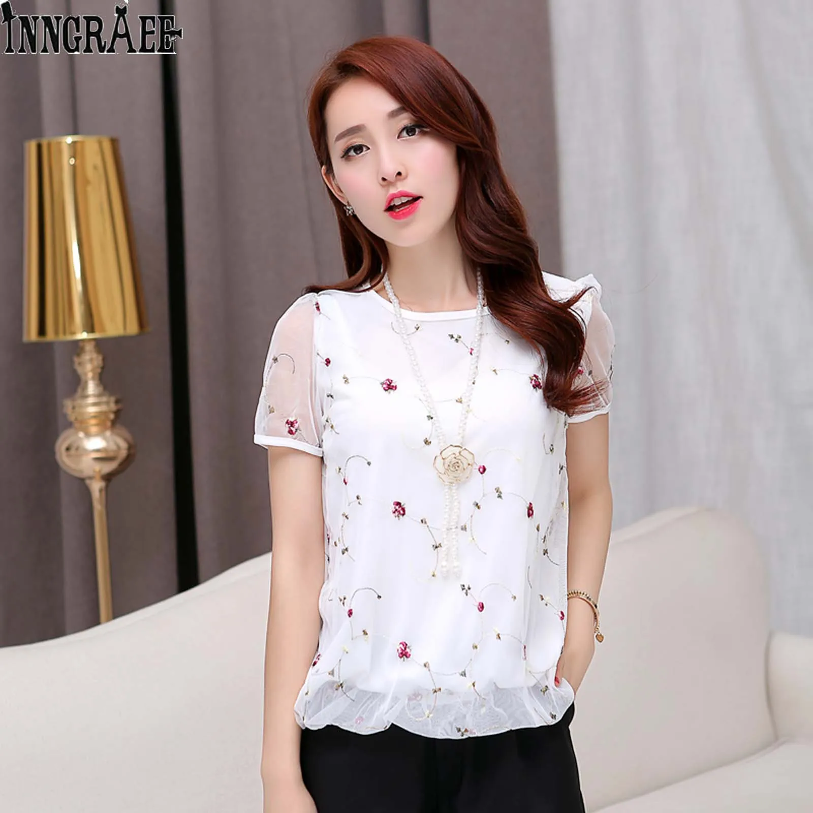 Top Trends: Fashion Korean Shirt For Women Blouse Short Sleeve Embroidered Chiffon Blouses Casual Tops Office Clothing NS3868 Shoppable Styles