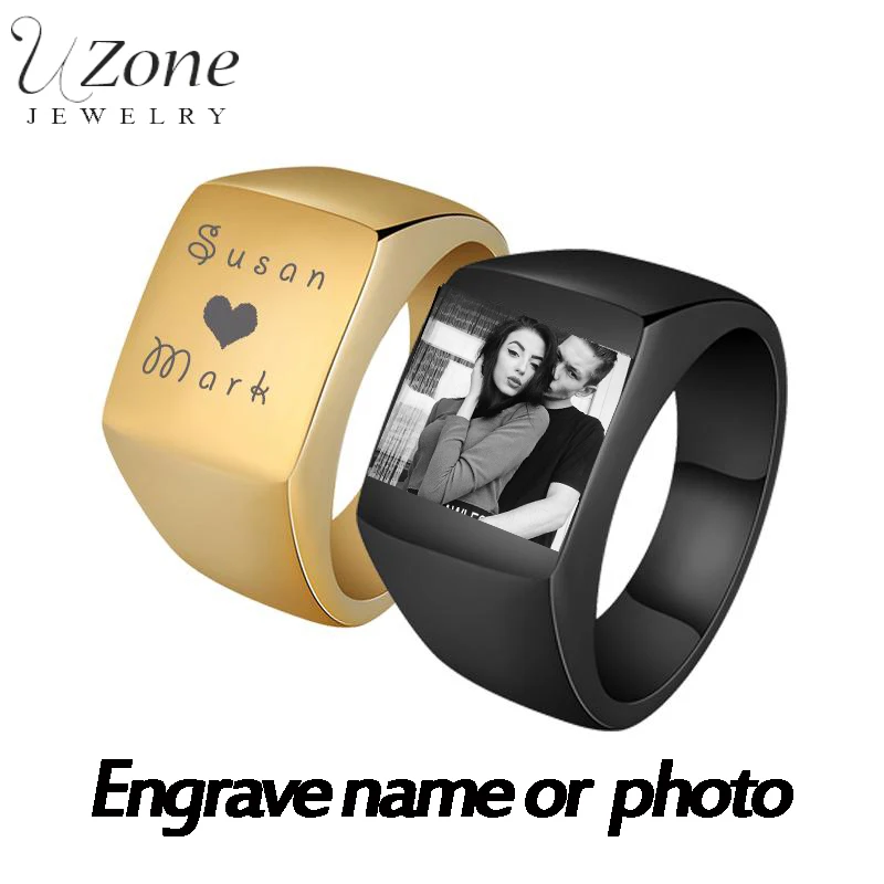 Top Trends: UZone Personalized Engrave Photo Name Ring Stainless Steel Custom Men Signet Family Photo Ring For Men Wedding Jewelry Rings Shoppable Styles