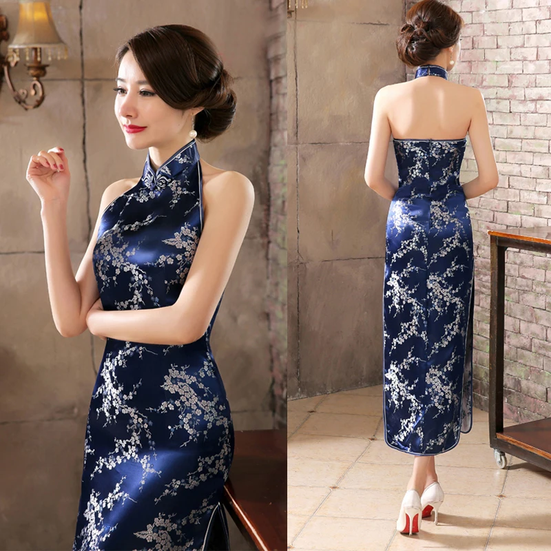 Top Trends: Navy Blue Vintage Lady Satin Evening Dress Chinese Novelty Backless Cheongsam Qipao Flower Size S M L XL XXL XXXL Shoppable Styles