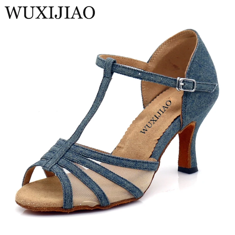 Top Trends: WUXIJIAO New Denim And Net Latin Dance Shoes Ladies Comfortable Professional Salsa Shoes Cuban Heel Dance Shoes Sandals Shoppable Styles