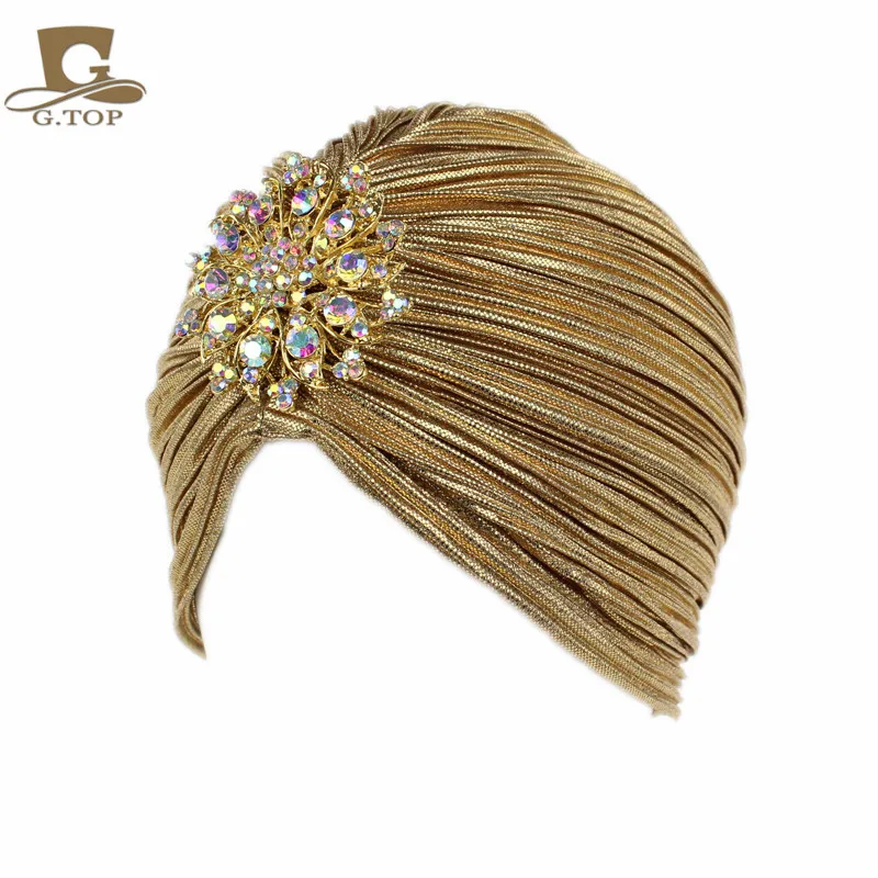 Top Trends: New Fashion Ladies Gold Silver Diamond Jewel Turban Hats For Women Chemo Bandana Hijab Pleated Indian Cap Turbante Hat Shoppable Styles