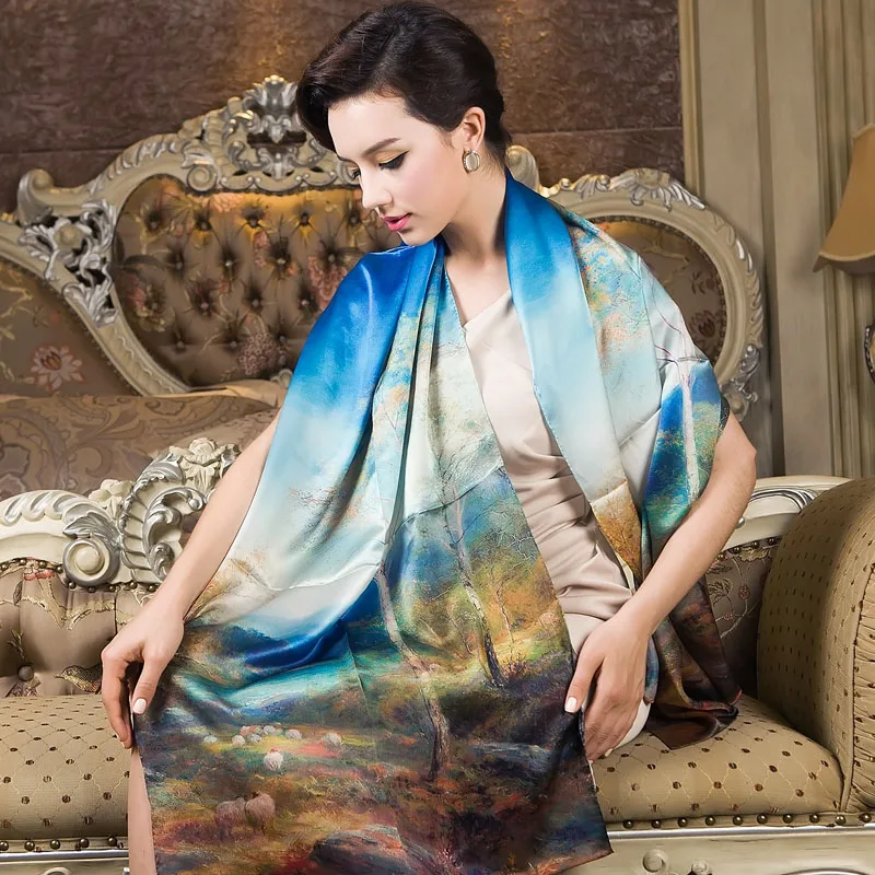 Top Trends: 2022 Blue Mulberry Silk Long Silk Scarf Shawl Printed Female Spring Autumn Silk Scarves All-match Top Grade Winter Long Scarf Shoppable Styles