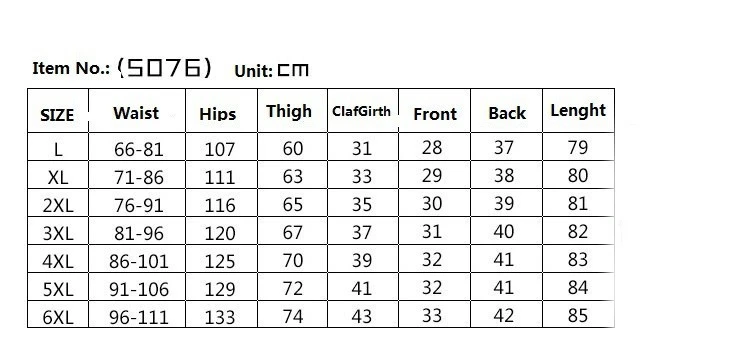 suuruste tabel naiste pükstele, suurused L kuni 6XL