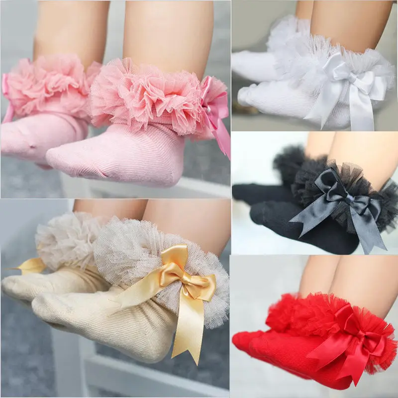 Top Trends: Baby Girls Socks With Bow Tie Lace Ruffle Princess Cotton Sock With Ribbons Multi Colors Gray Red Black Pink White Princes Socks Shoppable Styles