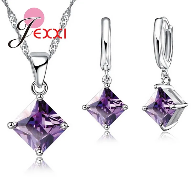 Top Trends: 8 Colors 925 Sterling Silver Women Wedding Beautiful Pendant Necklace Earrings Set Clearly Square Crystal Jewelry Sets Shoppable Styles