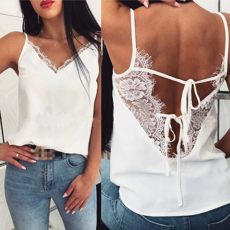 Sexy V Neck Lace Backless Lace Up Women Summer Satin Silk Lace Vest Top Sleeveless Camis T Shirt 