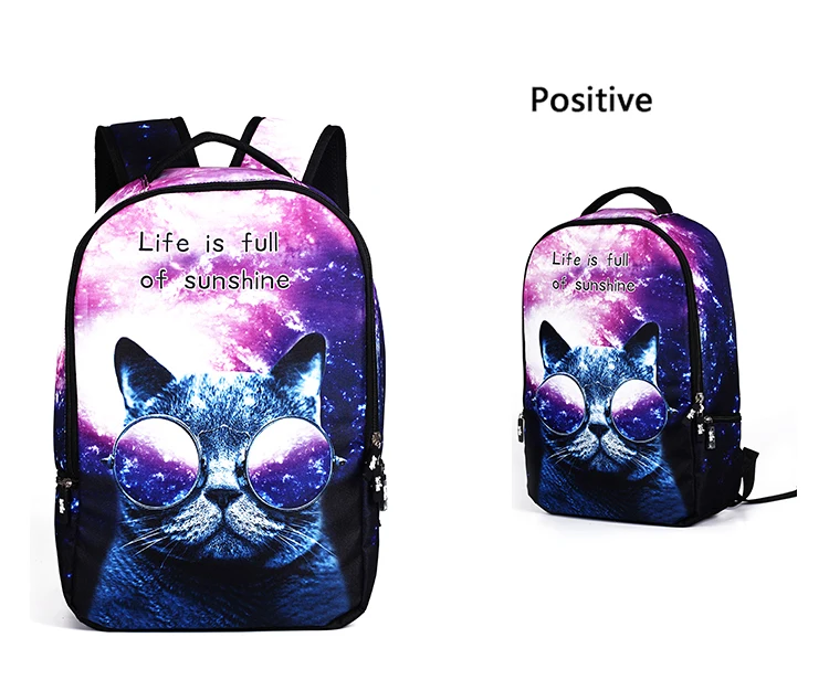 seljakott kassipildiga ja tekstiga 'life is full of sunshine', lillade toonidega