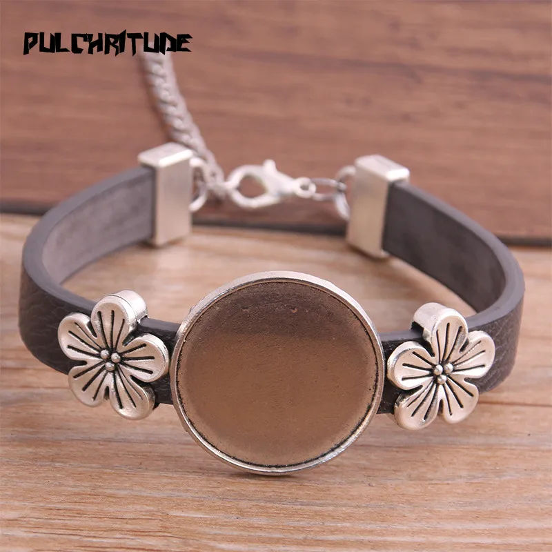 Top Trends: 1pcs 6 Color PU Bracelet Silver Color Flower Base Setting Cuff Blank Trays Brazel Fit 25mm Glass Cameo Dome Cabochon DIY Jewelry Shoppable Styles - Image 6