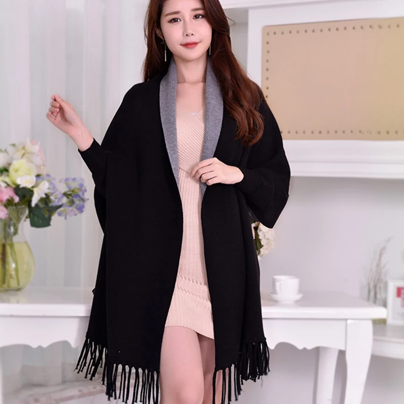 Top Trends: Winter Reversible Black Sleeve Poncho For Women Warm Scarf Stoles Thicken Pashmina Shawls And Wraps Tassel Wearable Poncho Capes Shoppable Styles