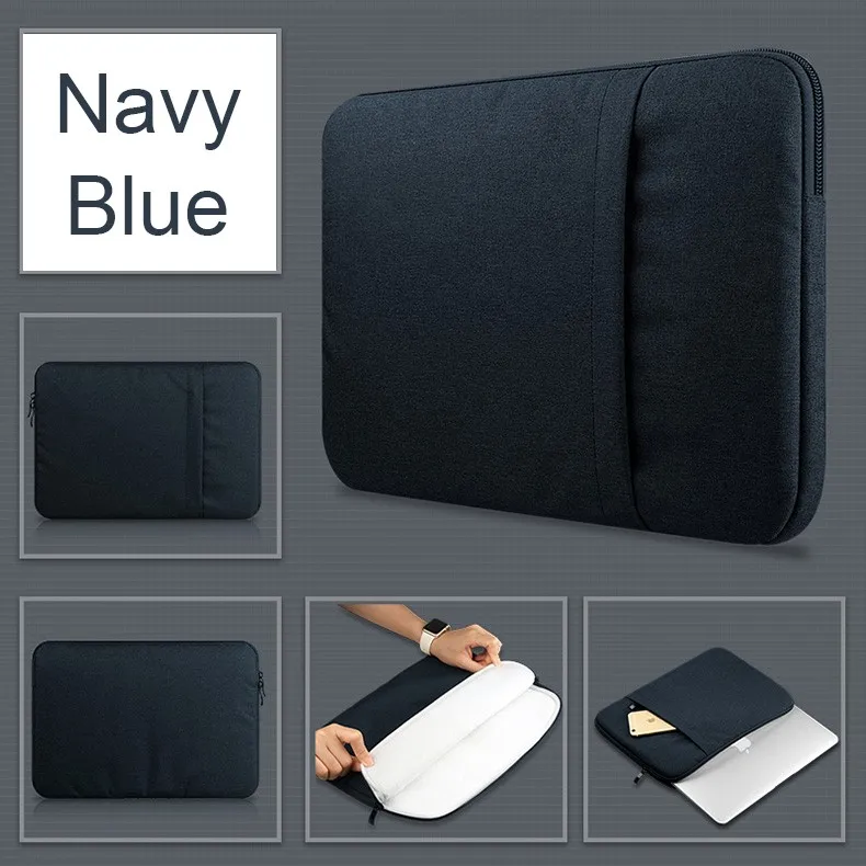 tumesinine sülearvutikott, millel on lukuga tasku ja pehme sisemus