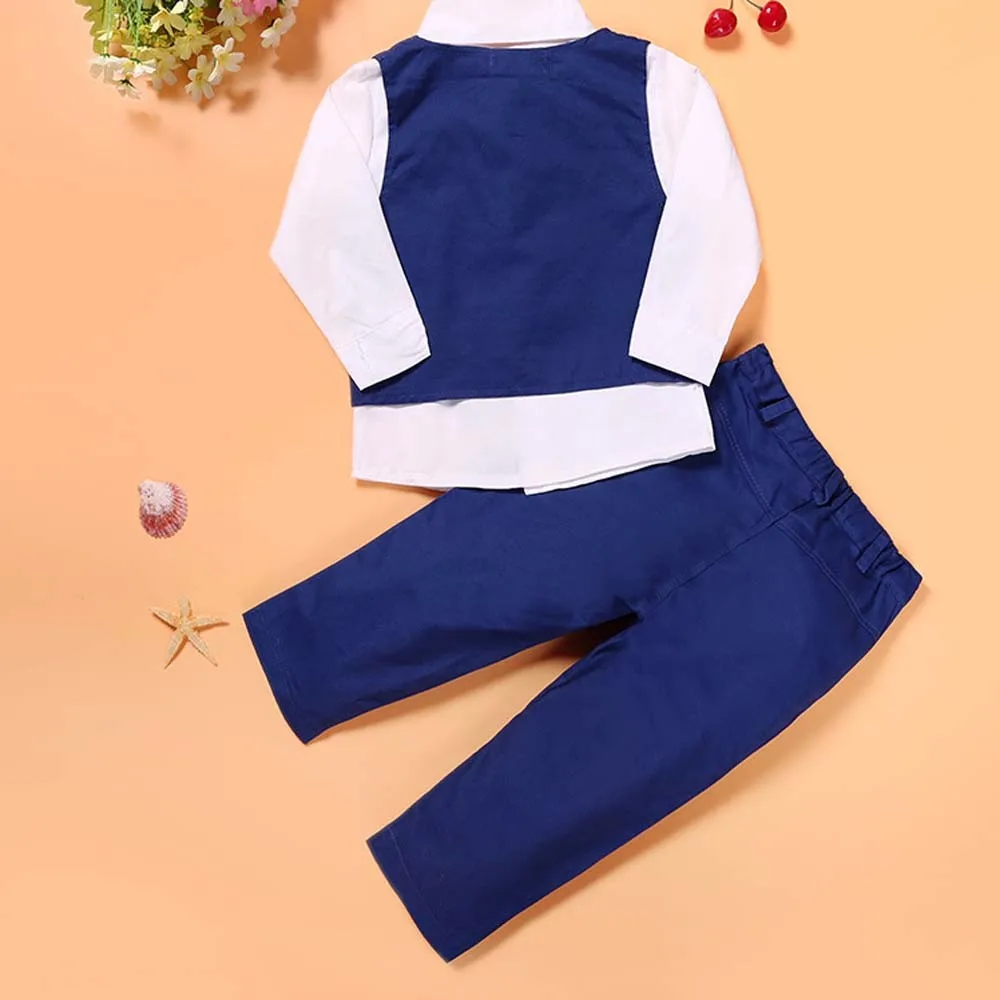 sinine ja valge poiste riiete komplekt, mis koosneb särgist, vestist ja pükstest