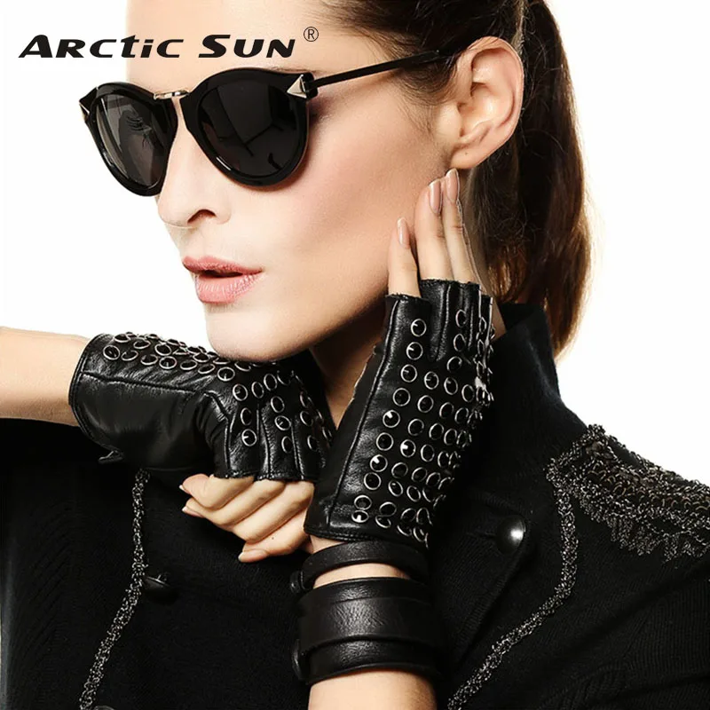 Top Trends: Real Leather Gloves Female Spring Summer Thin Half Finger Driving Sheepskin Fingerless Mittens Rhinestones Women Gloves L116NN Shoppable Styles