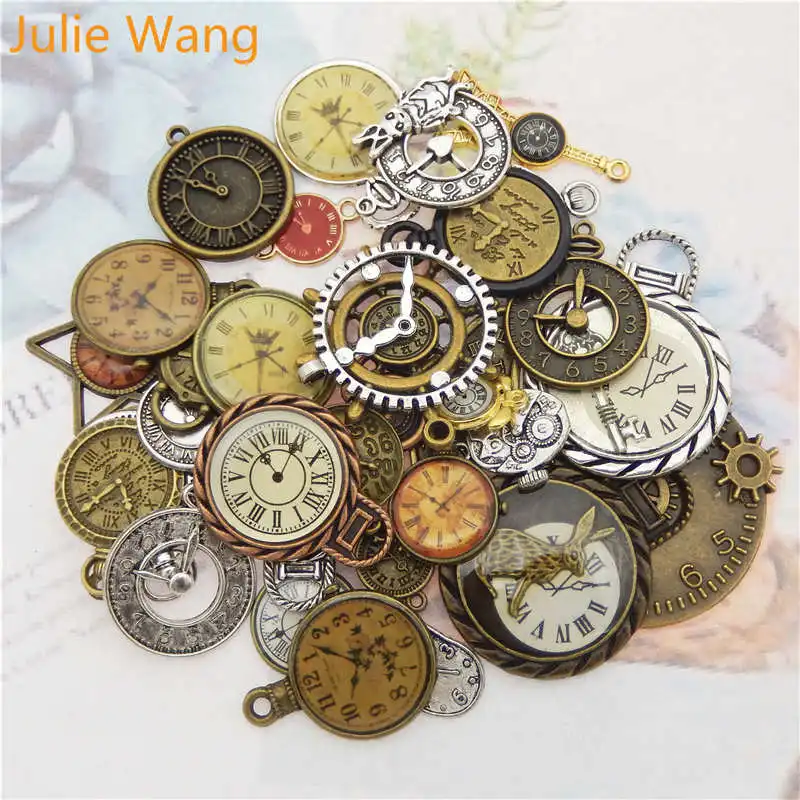 Top Trends: Julie Wang 10pcs Random Mixed Clock Watch Face Charms Alloy Necklace Pendant Finding Jewelry Making Steampunk Accessory Shoppable Styles