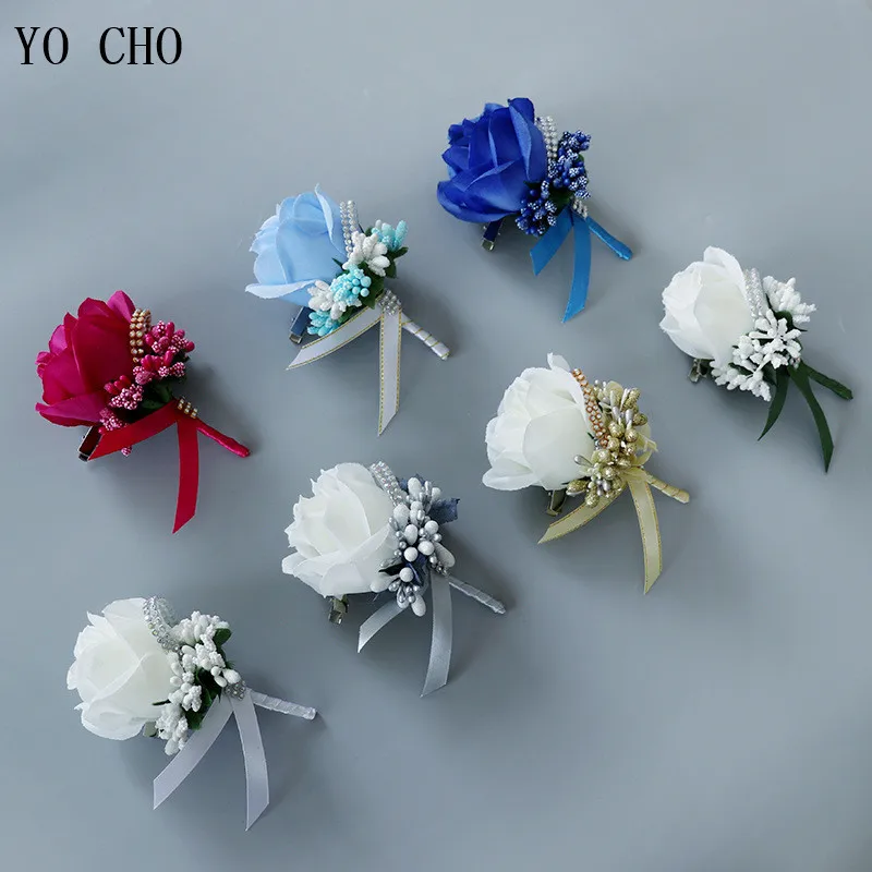 Top Trends: YO CHO Wedding Bouquet Artificial Rose Flowers Blue Brooch Corsages Glitter Rhinestone Ribbon Lace Classic Prom Boutonniere Pins Shoppable Styles