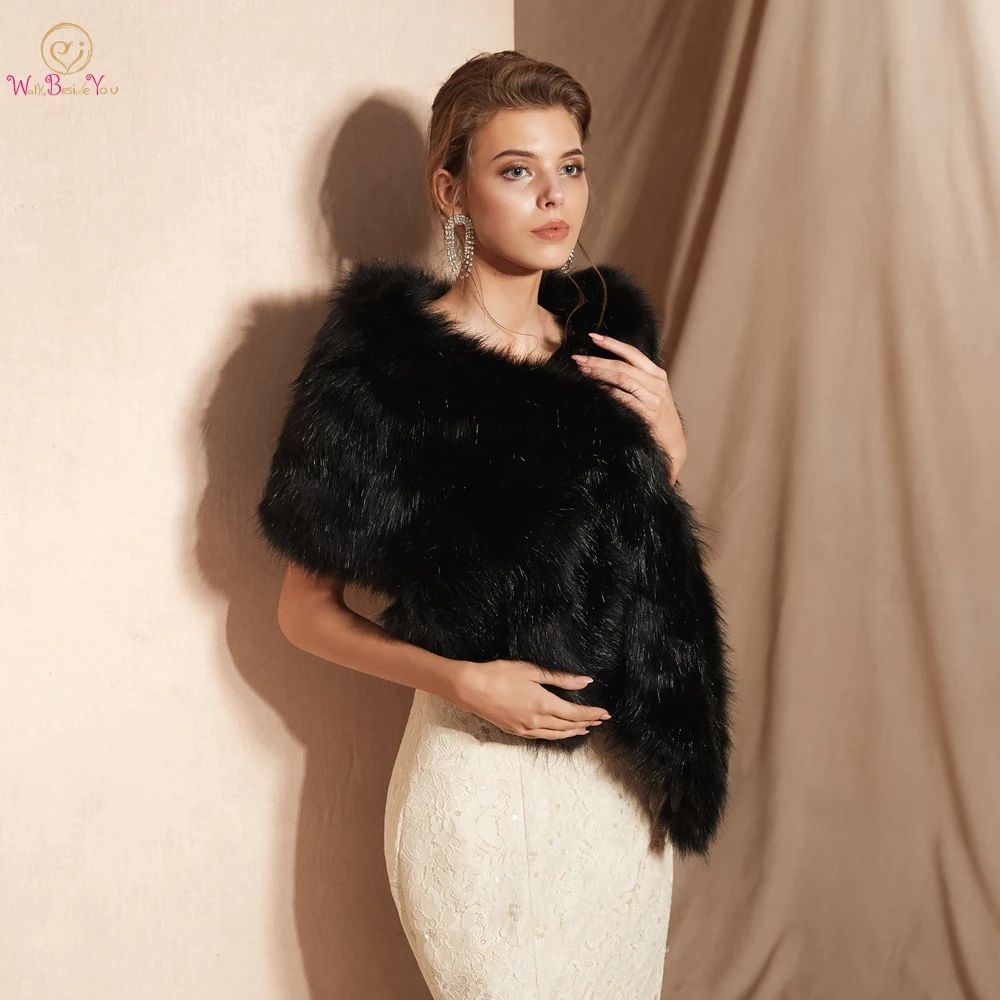 Top Trends: 100% Real Pictures Black Party Evening Jacket Wrap Faux Fur Wedding Cape Winter Women Bolero Wrap Winter Shawl Stock Shoppable Styles