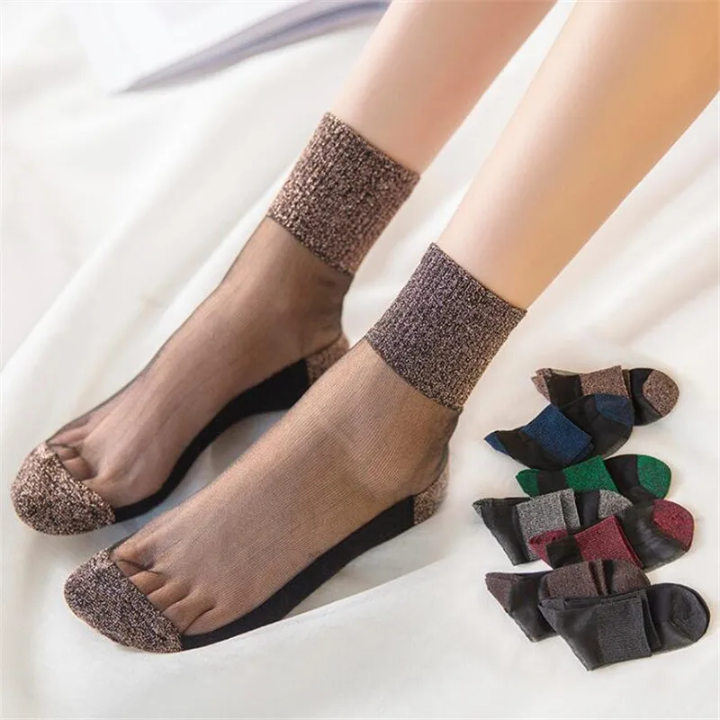 Top Trends: Summer Fashion Women Ultrathin Transparent Socks Glitter Crystal Glass Silk Socks Beautiful Lace Shiny Elastic Short Socks Meias Shoppable Styles