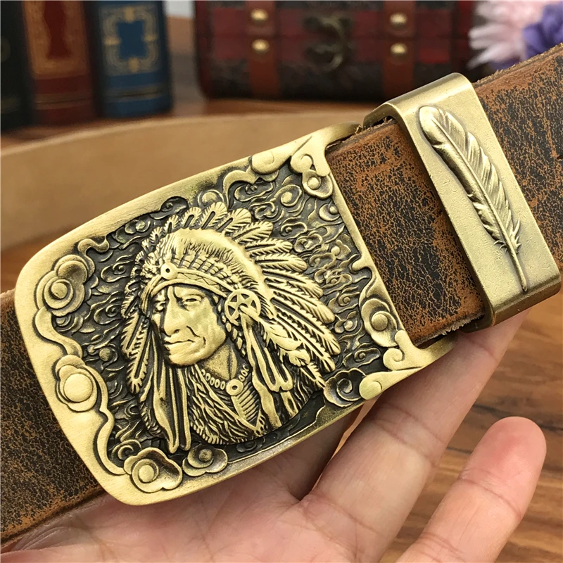 Top Trends: Chief Cowboy Brass Belt Buckle Leather Belt Men Jeans Retro Yellow Belts Men Leather Metal Wide Waist Belt Men Ceinture MBT0070 Shoppable Styles