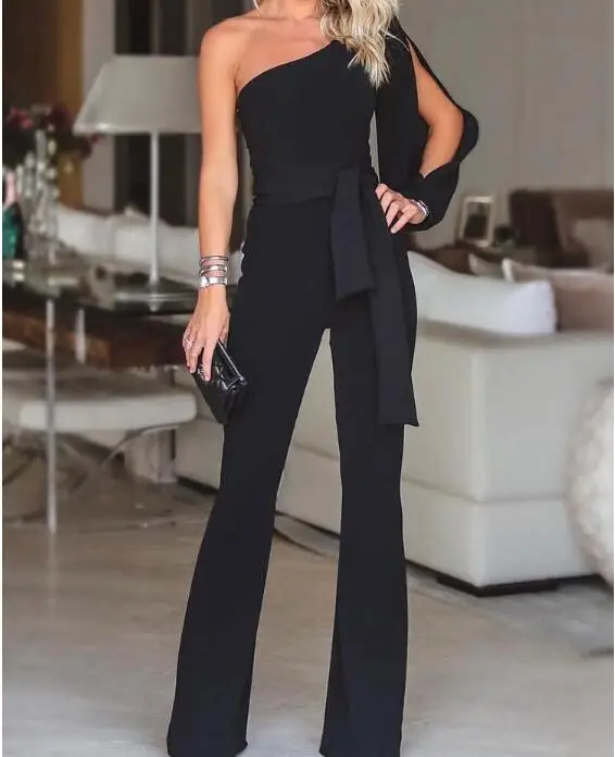 Top Trends: Summer Women Fashion Office Lady Solid Jumpsuit Stylish One Shoulder Slit Sleeve Black Jumpsuit Party Wear 2XL Shoppable Styles