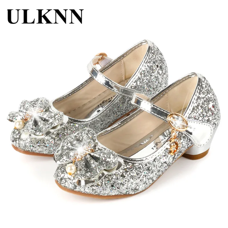 Top Trends: ULKNN Princess Kids Leather Shoes For Girls Flower Casual Glitter Children High Heel Girls Shoes Butterfly Knot Blue Pink Silver Shoppable Styles