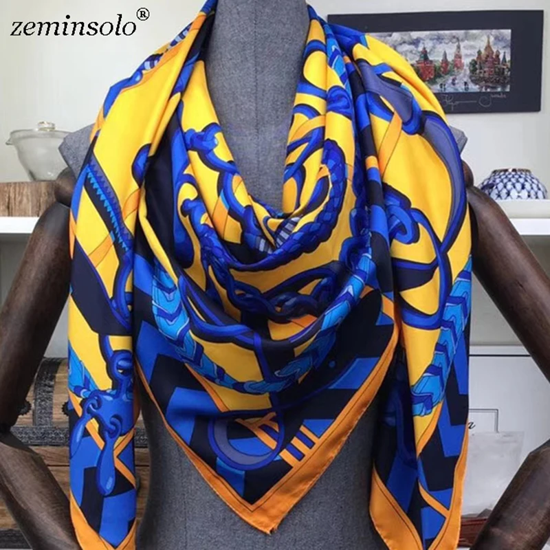 Top Trends: 100% Twill Silk Scarf Scarves For Women Hijab Design Print Chain Square Silk Scarves Shawls 130*130cm 2019 Female Bandana Wraps Shoppable Styles