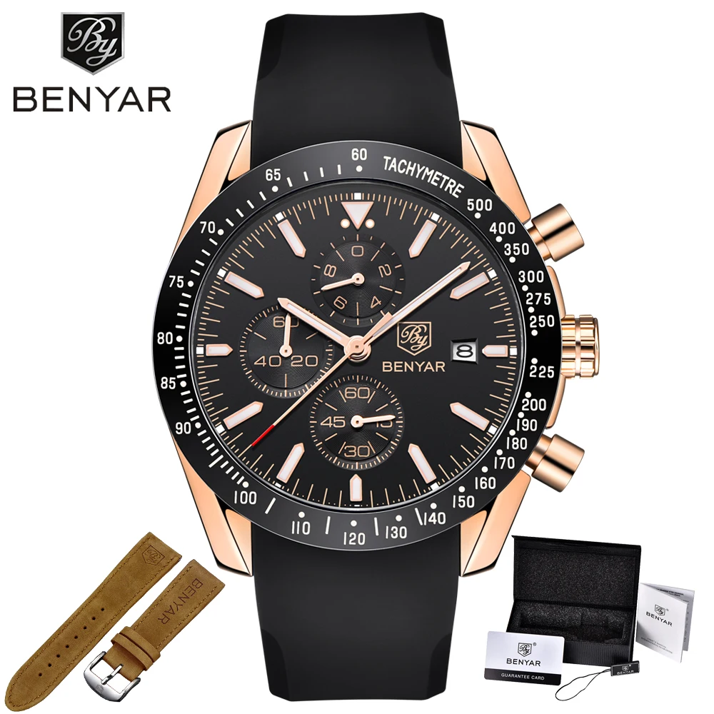 Top Trends: BENYAR Men Watches Brand Luxury Silicone&amp;Steel Band Wristwatches Man Leather Chronograph Quartz Military Watch Relogio Masculino Shoppable Styles