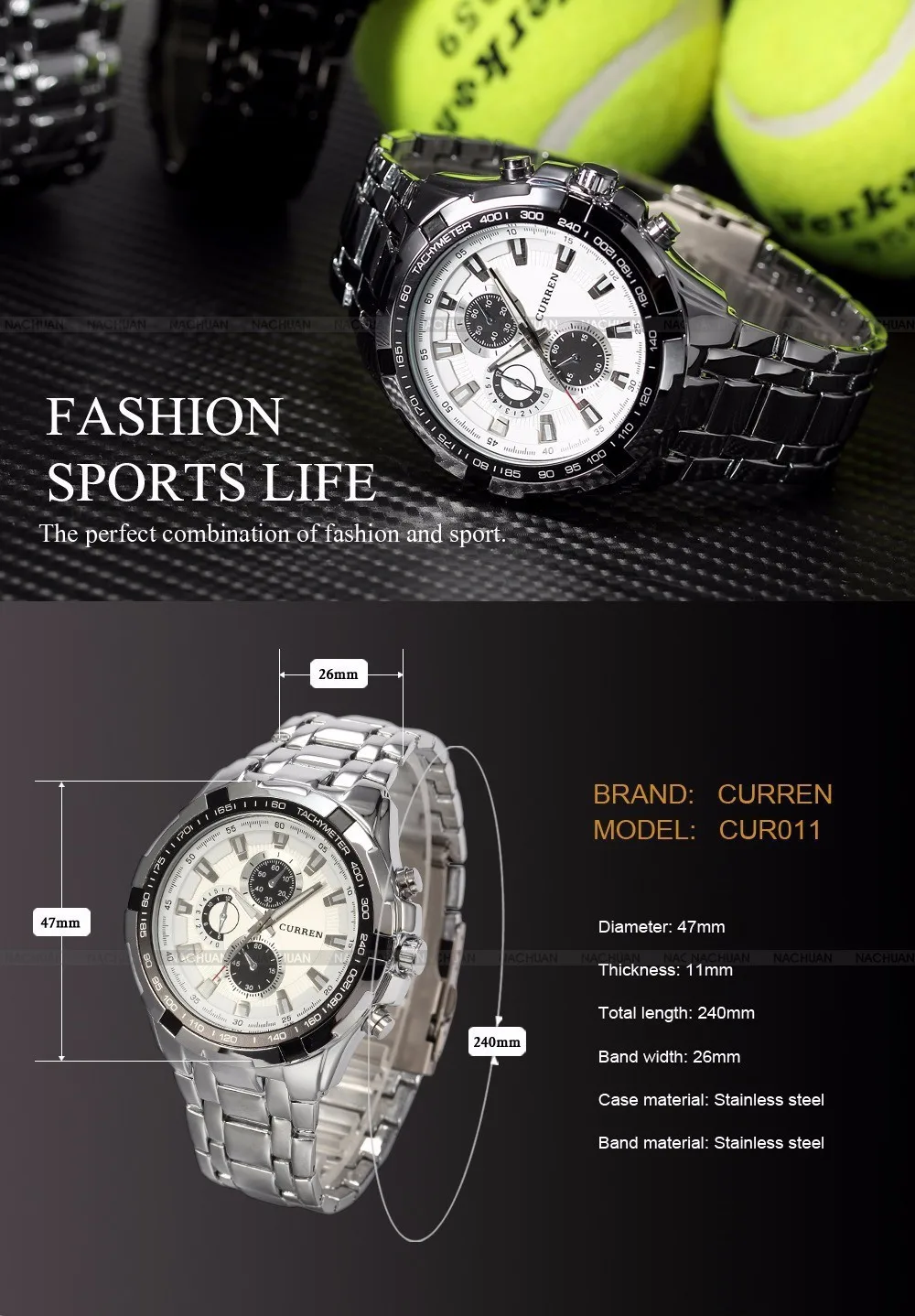 roostevabast terasest meeste käekell musta ja hõbedase sihverplaadiga