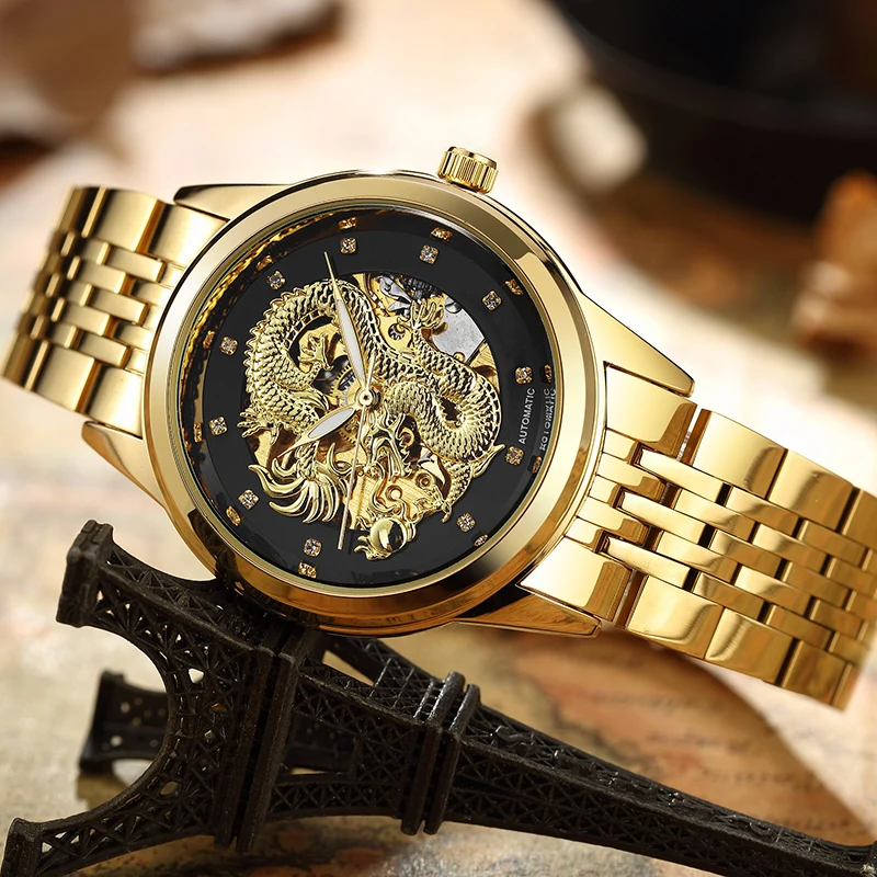 Top Trends: Luxury Gold Dragon Skeleton Automatic Mechanical Watches Men's Wristwatch Stainless Steel Black Clock Waterproof Male Cool Reloj Shoppable Styles - Image 2