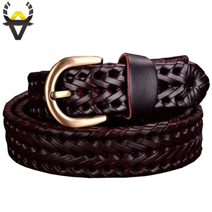 Top Trends: Genuine Leather Belt Woman Braided Belts For Women High Quality Second Layer Cow Skin Strap Female For Jeans Width 2.5 Cm Coffee Shoppable Styles