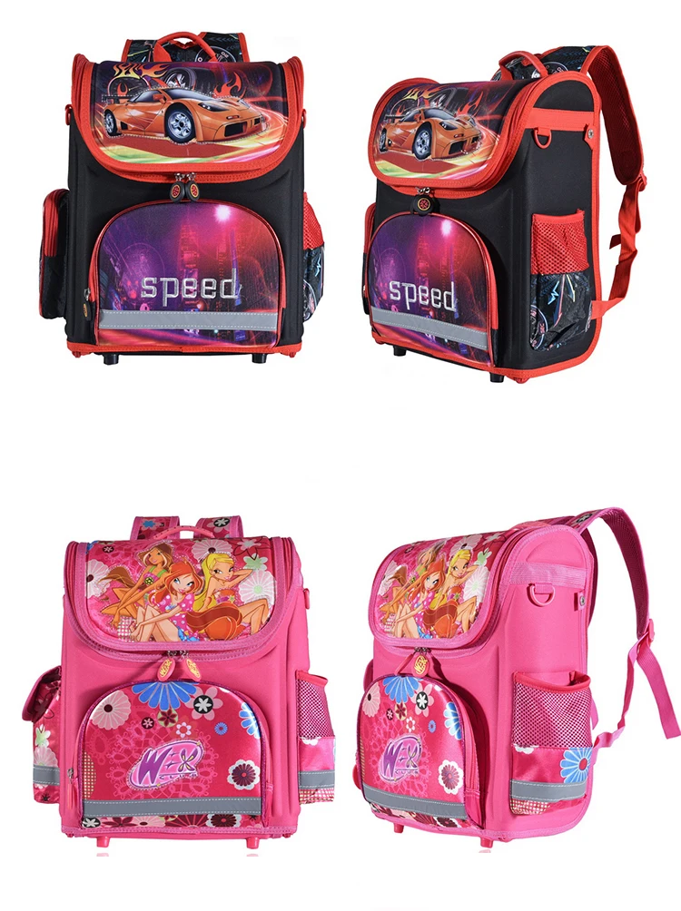 kaks koolikotti, üks musta ja punasega autode piltidega, teine roosa lillede ja tegelastega