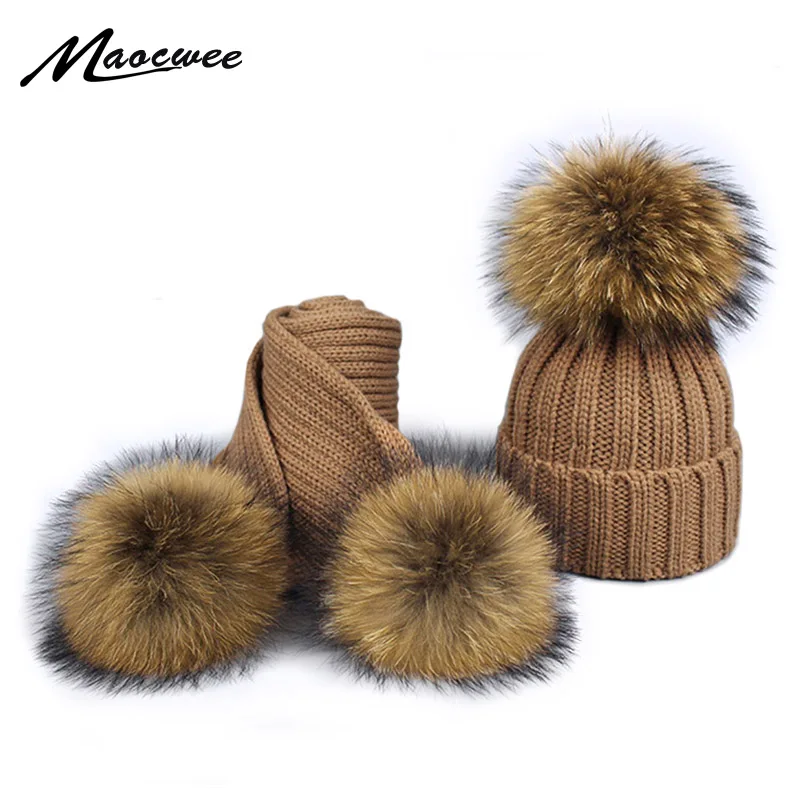 Top Trends: 2018 Girl Pom Pom Beanie Warm Knitted Bobble Fur Pompom Hat And Scarf Set Children Real Raccoon Fur Pompon Winter Hat Skullies Shoppable Styles