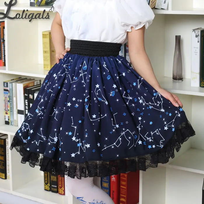 Top Trends: Kawaii Mori Girl Short Skirt Sweet Navy Blue Starry Night Printed Skater Skirt For Women Shoppable Styles