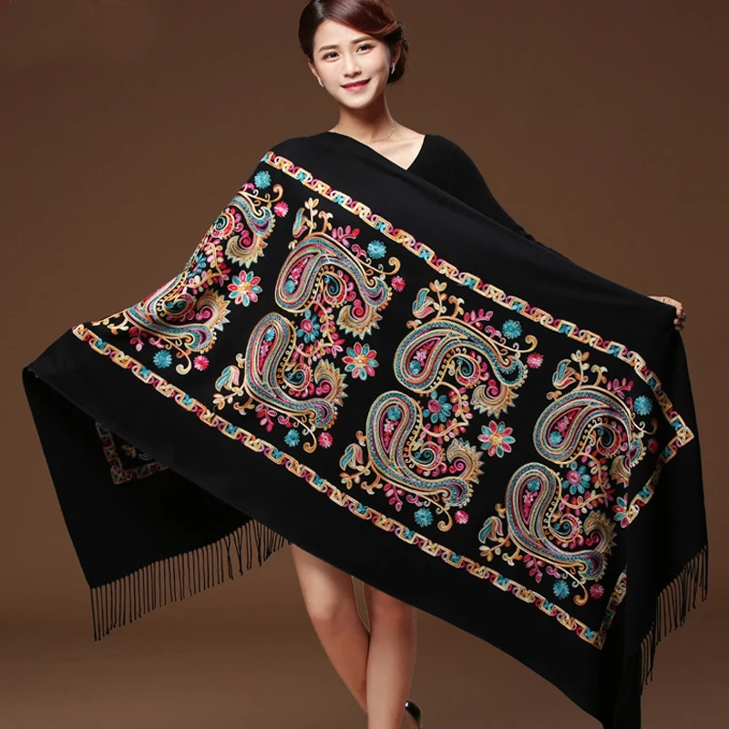 Top Trends: Women Black Embroider Flower Pashmina Cashmere Scarf Winter Warm Fine Tassels Scarf Oversize Shawl Fashion Shawl Scarves WS1217 Shoppable Styles