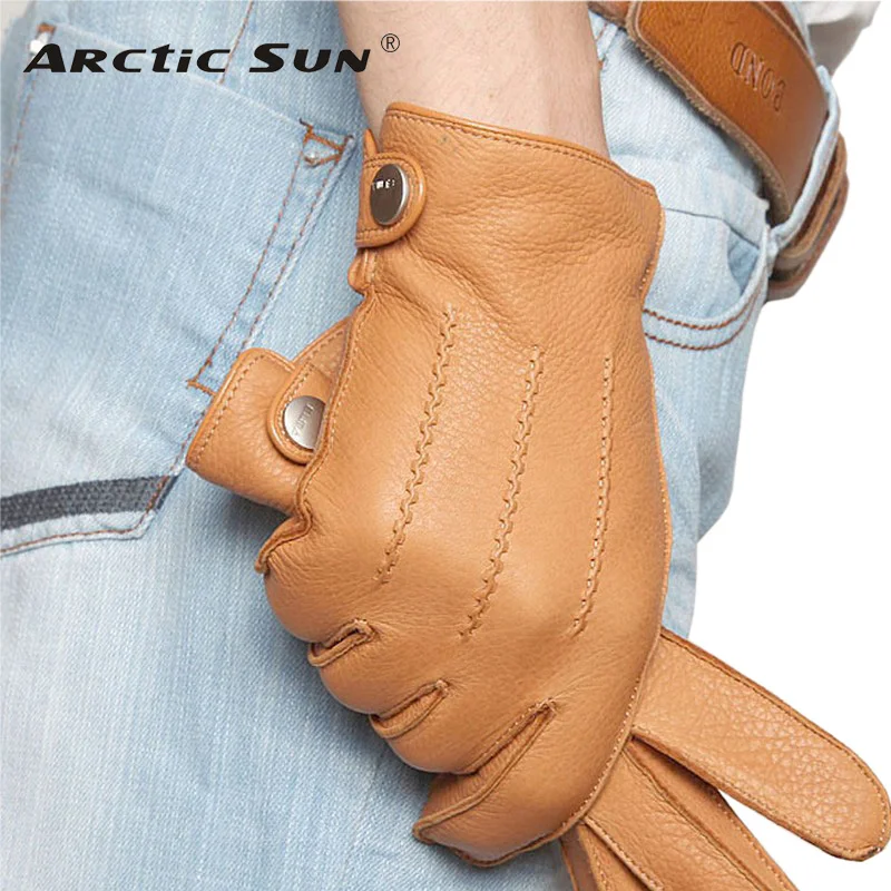 Top Trends: Fashion Luxury Men Deerskin Gloves Button Wrist Solid Genuine Leather Male Winter Driving Glove Em012wr Shoppable Styles