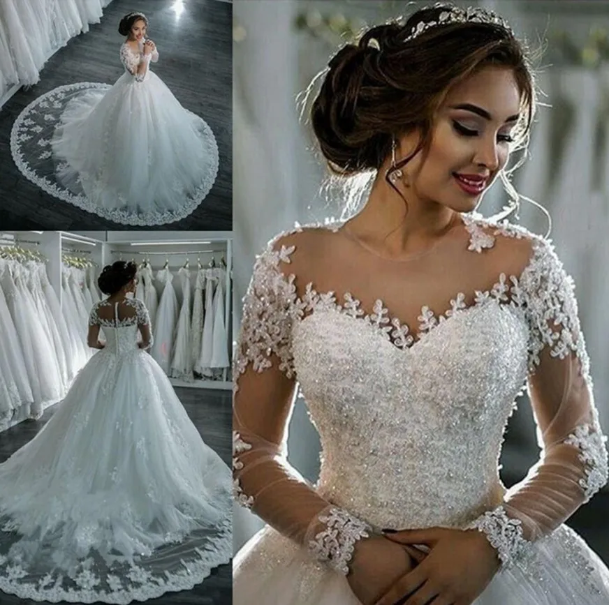 Top Trends: Vestidos De Noiva Lace Wedding Dresses 2017 Long Sleeve Boat Neck Button Appliques Ribbon Ball Gown Robe De Mariage Bridal Dress Shoppable Styles