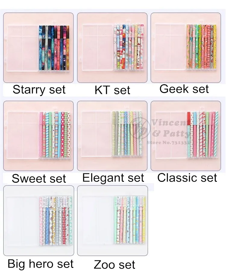 erinevate mustrite ja värvidega geelpliiatsid komplektides