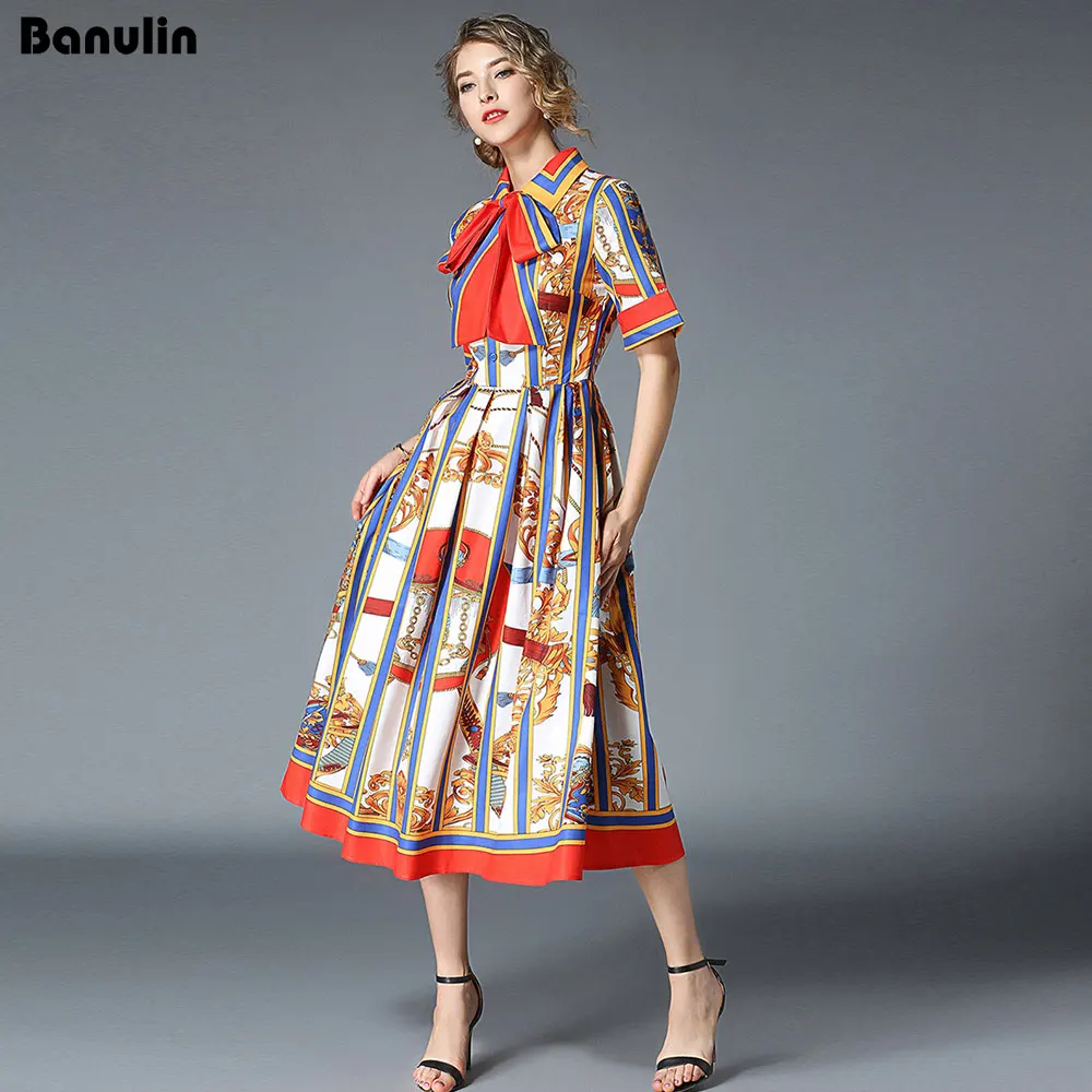 Top Trends: Banulin HIGH QUALITY 2020Newest Runway Designer Summer Dress Women's Short Sleeve Shirt Collar Stripe Printed Bow Midi Dress Shoppable Styles