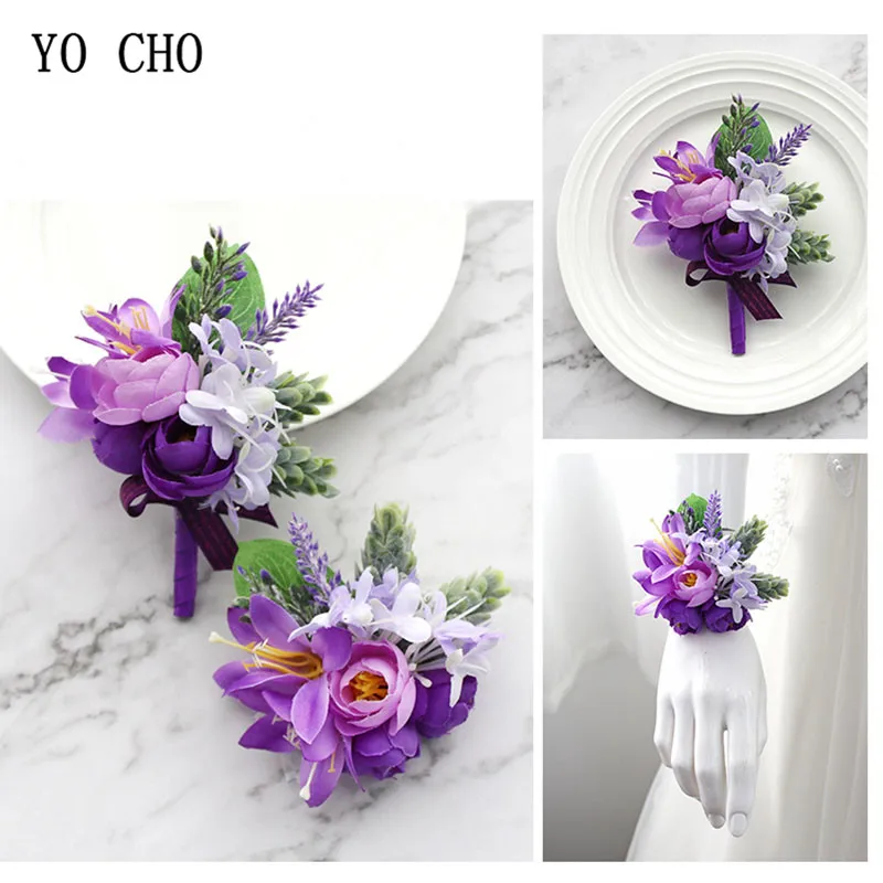 Top Trends: YO CHO Wedding Boutonniere Wrist Corsage Bracelet Bridesmaid Men Corsage Purple Silk Roses Orchid Marriage Prom Wedding Supplies Shoppable Styles