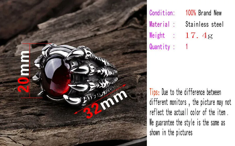 roostevabast terasest sõrmus punase kiviga, mida ümbritsevad lohe küünised