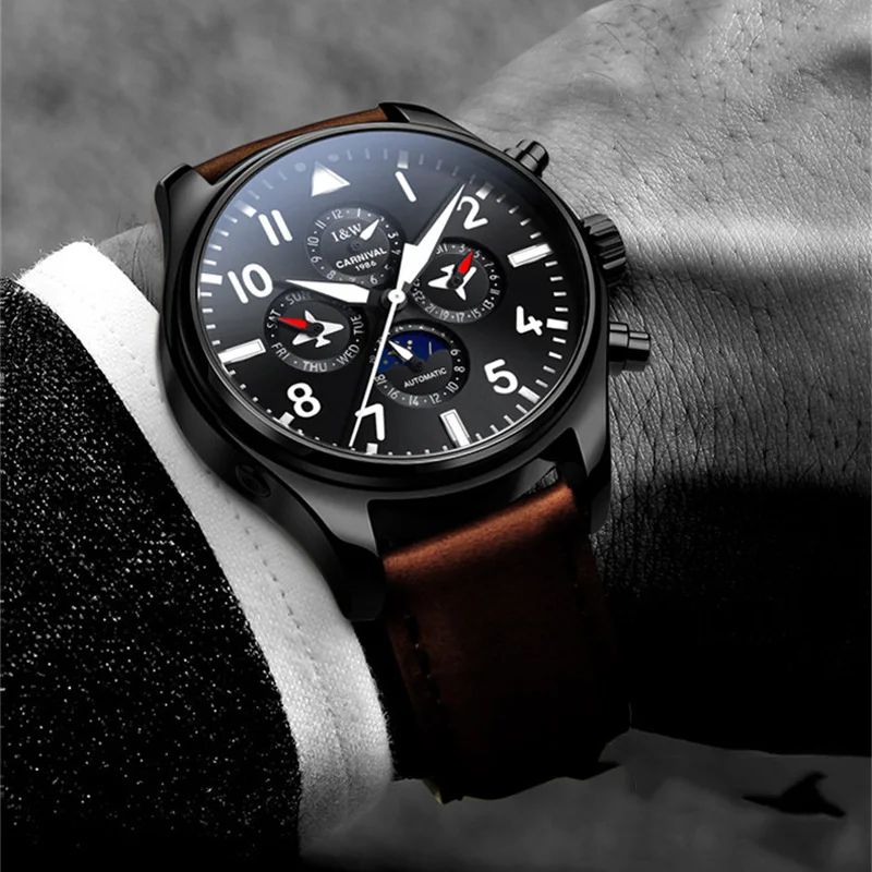 Top Trends: Pilot Mens Watches Top Luxury Brand CARNIVAL Automatic Mechanical Waterproof Sport Multifunctional Wrist Watch Leather Relogio Shoppable Styles