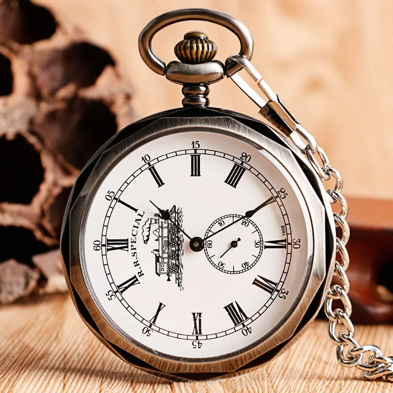 Top Trends: Luxury Open Face Train Big Dial Roman Numers Mechanical Skeleton Pocket Watch Steampunk Hand Winding Watch Men Women Chain Gift Shoppable Styles