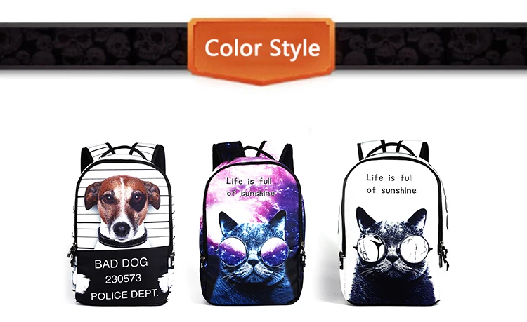 kolm seljakotti kasside ja koera piltidega, mustvalged ja värvilised