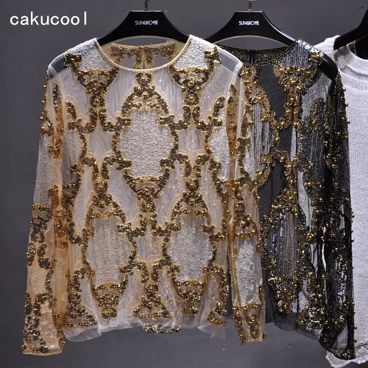 Top Trends: Cakucool Women Sequined Blouse Tops See-through Sexy O-neck Mesh Blusas Shirt Long Sleeve Floral Beading Lady Blouses Large 2xl Shoppable Styles