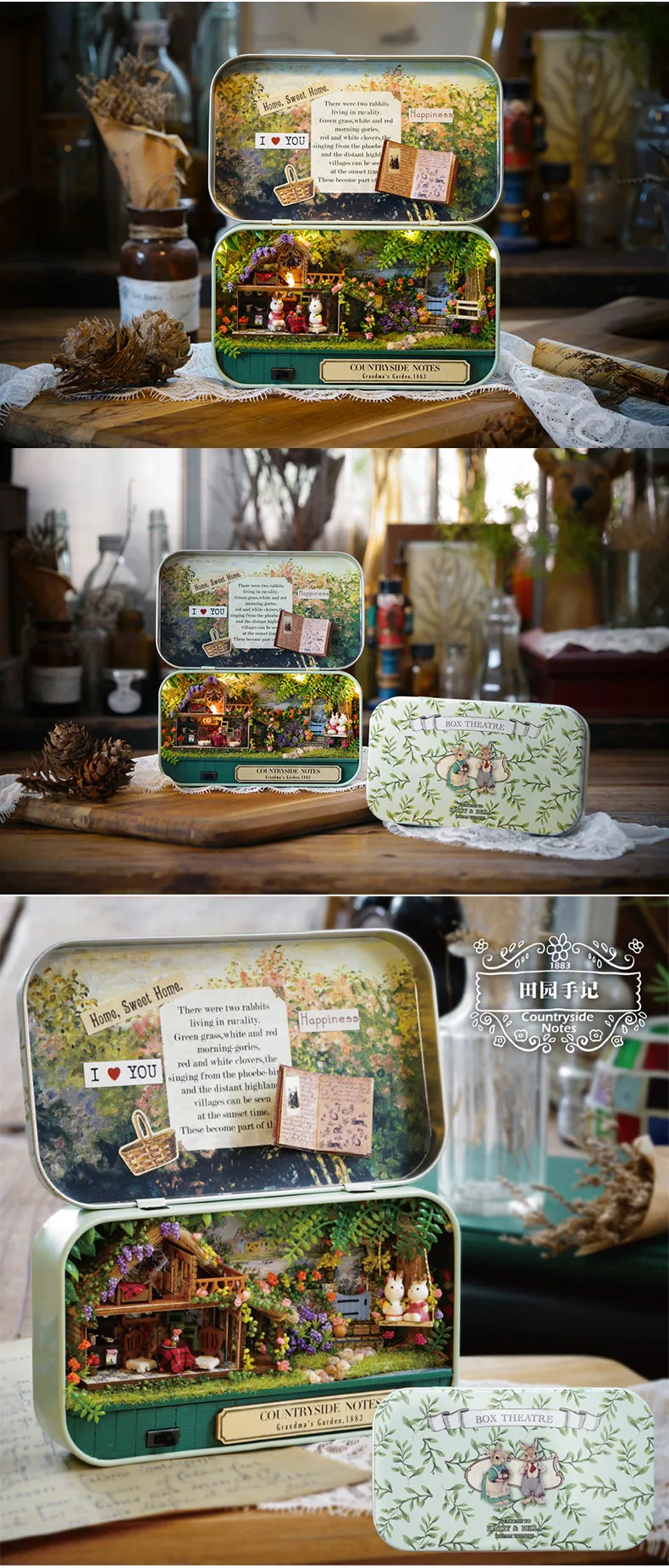 väike karbis nukumaja, kus on mängujänesed ja lilledega kaunistatud aed