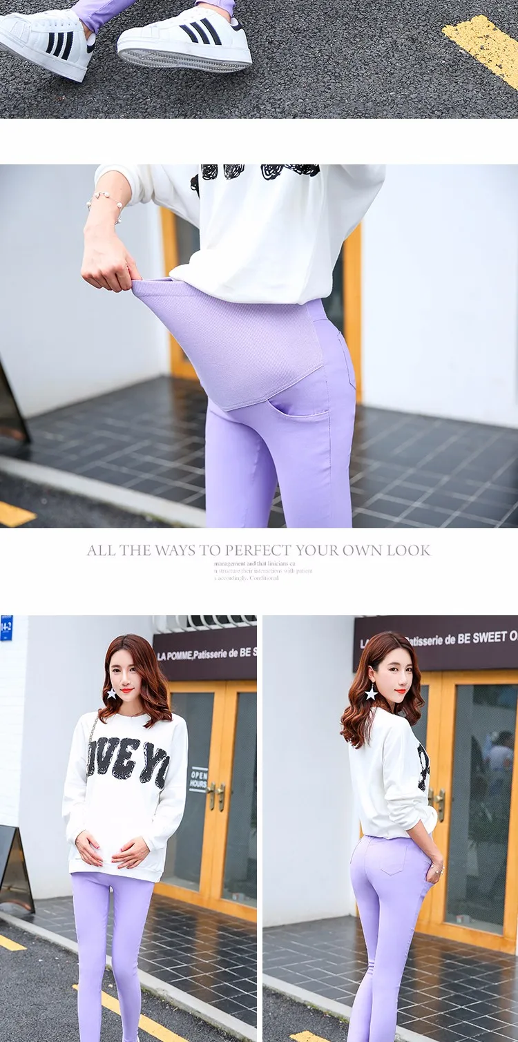 naine kannab lillasid rasedate pükse ja valget pusa, püksid on venivad ja mugavad