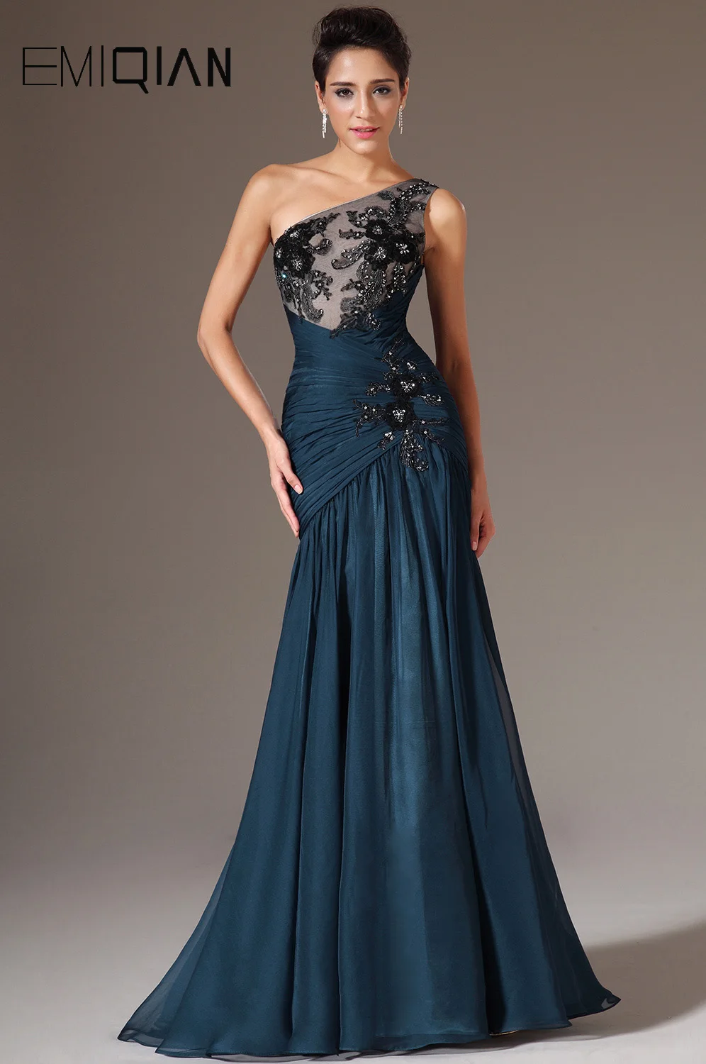 Top Trends: Long Formal Evening Party Gowns One Shoulder Chiffon Mermaid Evening Dresses With Black Lace Applique Shoppable Styles